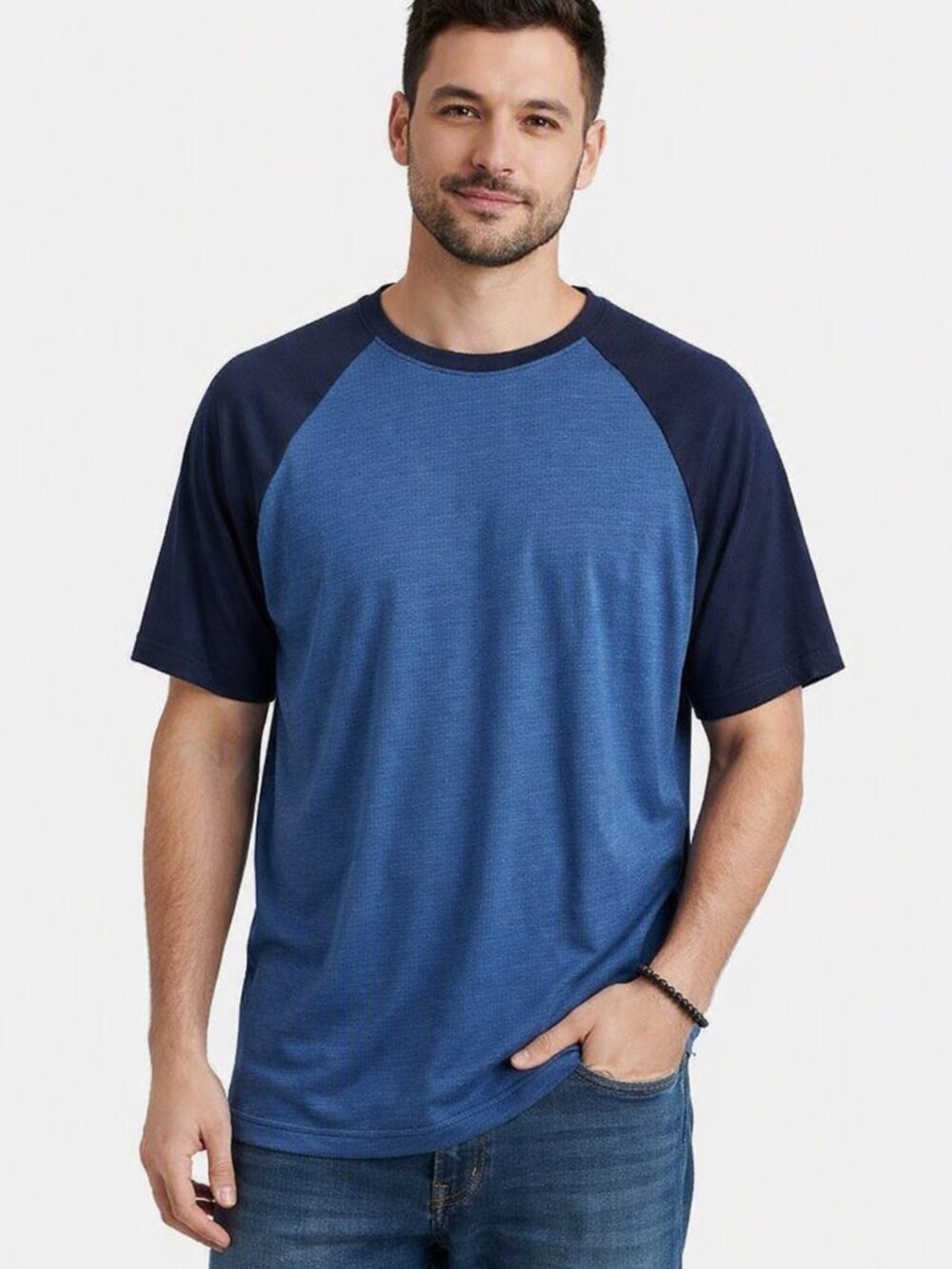 George Men’s Two‑Tone Blue Raglan Short Sleeve Crew Neck Tee Size XL 46/48